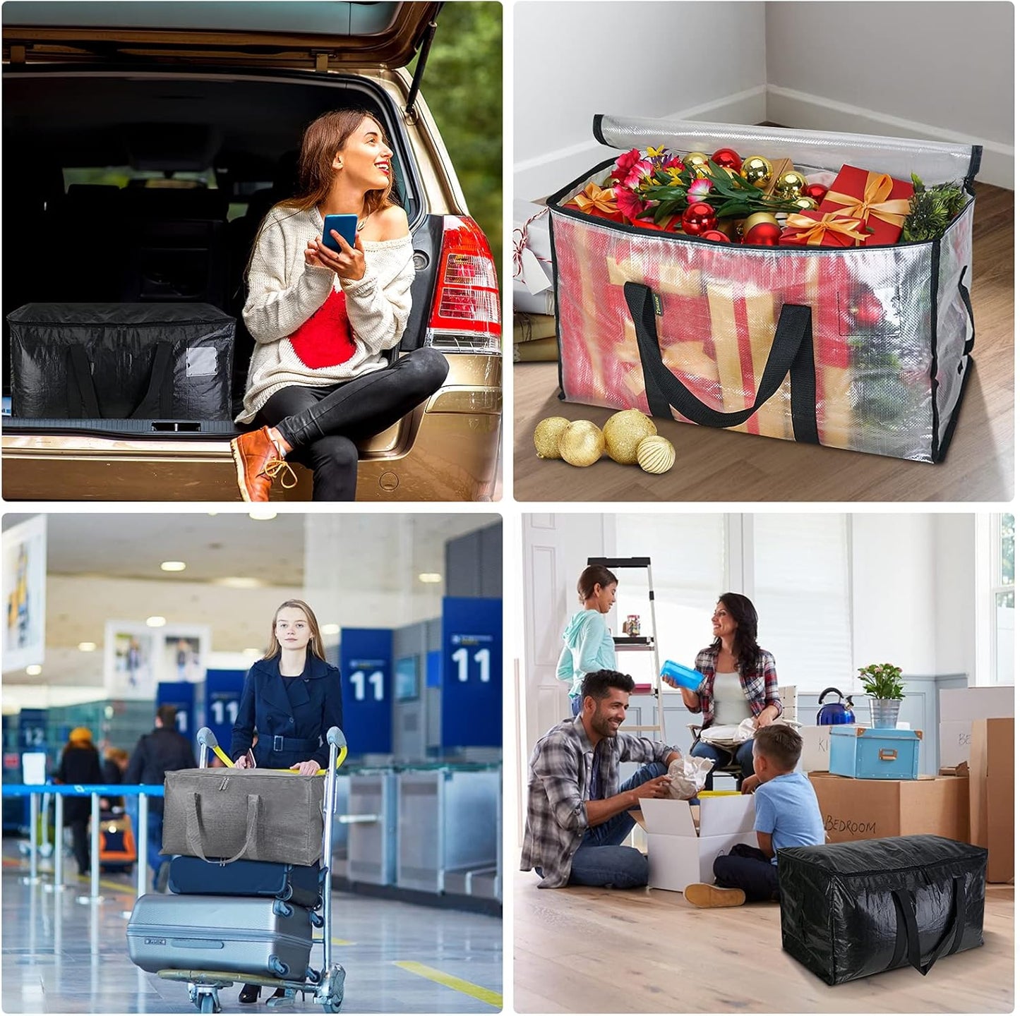 BALEINE 4-Pack Oversized Moving Bags with Reinforced Handles, Heavy-Duty Storage Tote for Clothes, Moving Supplies (Black, 4-Pack)