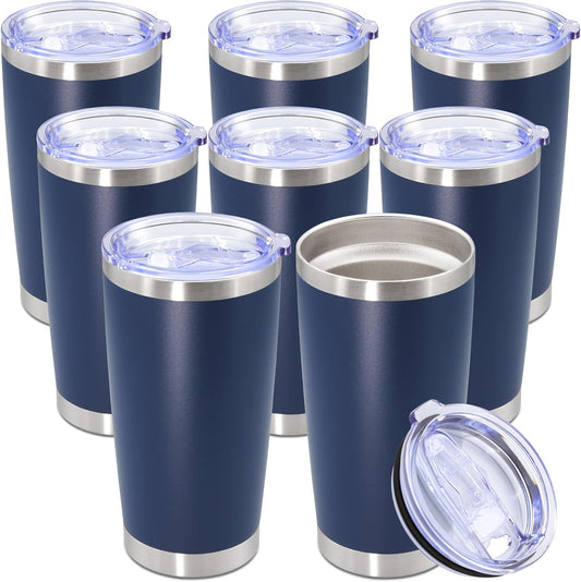 20oz Tumbler Bulk Stainless Steel Tumbler Cup with Lid Vacuum Insulated Double Wall Travel Mug, Durable Powder Coated Travel Coffee Tumbler Mug for Hot & Cold Drinks, Navy,8 Pack