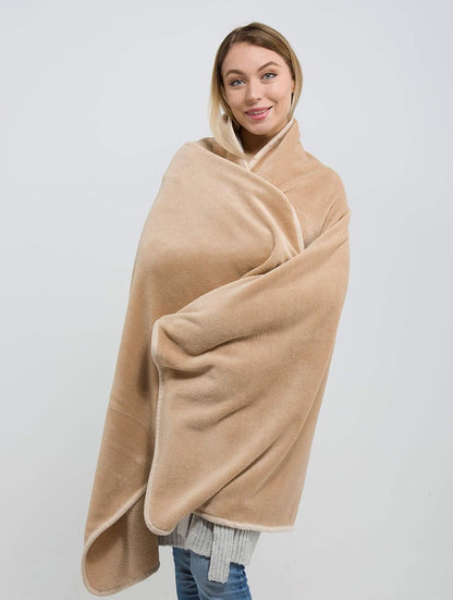 BlueHills Premium Soft Travel Blanket Pillow Airplane Blanket Packed in Soft Bag Pillowcase with Hand Luggage Belt Backpack Clip Compact Pack Large Portable Flight Throw Beige T005