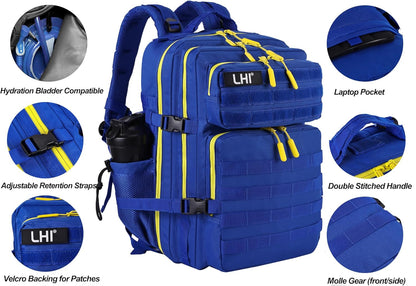 LHI Military Tactical Backpack for Men and Women 45L Army 3 Days Assault Pack Bag Large Rucksack with Molle System - Blue with yellow zipper