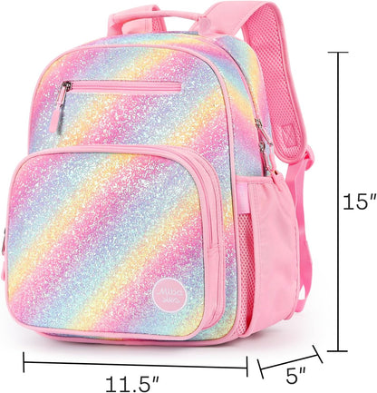 mibasies Girls Backpack 5-8: Glitter Kids Backpacks for Girls - Girl Bookbag for Elementary School - Twill Rainbow Pink