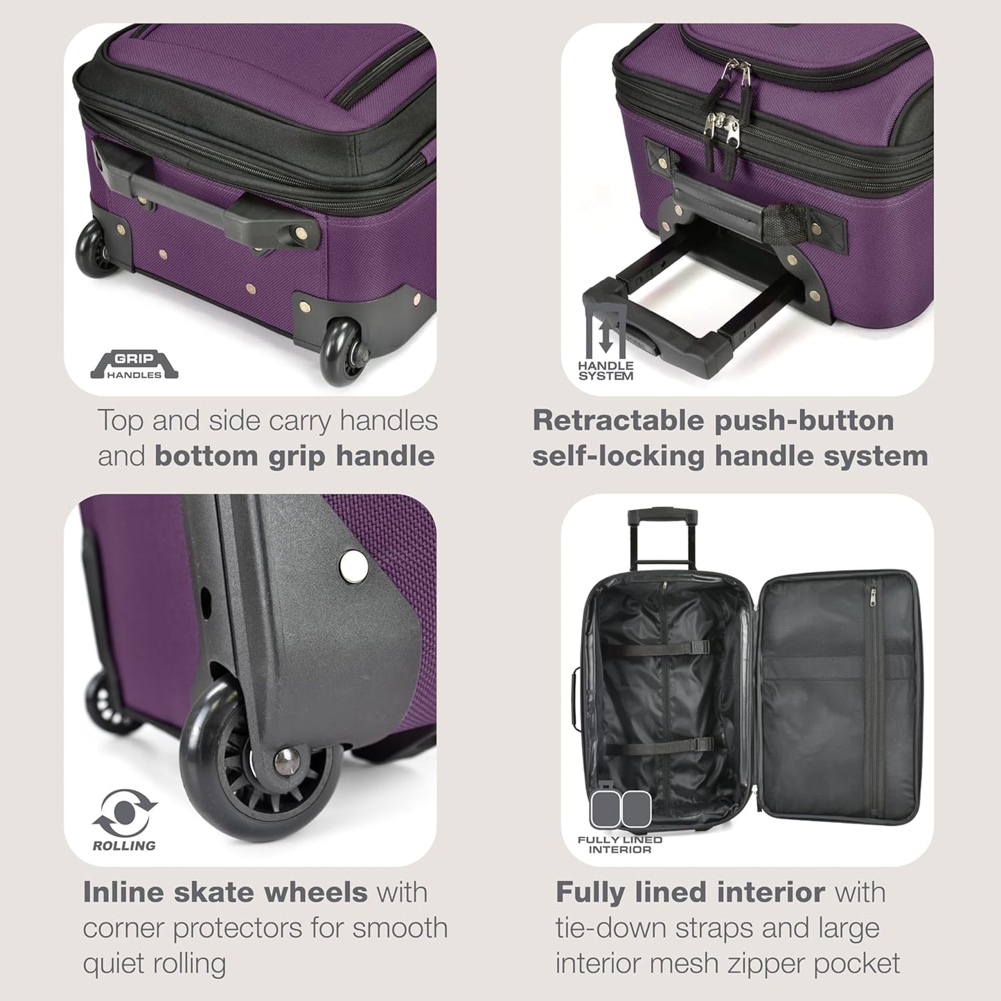 U.S. Traveler Rio Fabric Expandable Carry-on Luggage, Rolling Suitcase, Purple, 2 Wheel Set