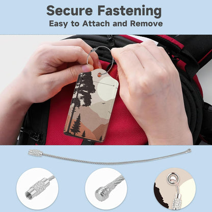 2 Pack Luggage Tag for Suitcase, Landscape Pine Trees Mountains Leather Bag Tags Identifiers Privacy Cover ID Label with Durable Steel Loop for Women Men Kids Girls Travel