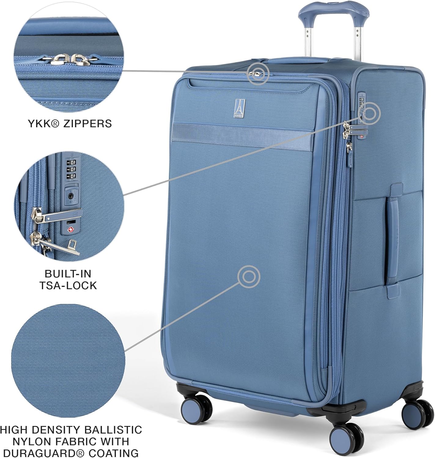 Travelpro VersaPack+ Lightweight Softside Expandable Checked Luggage, 8 Spinner Suitcase, TSA Lock, Men and Women, Checked Large 29-Inch, Elemental Blue