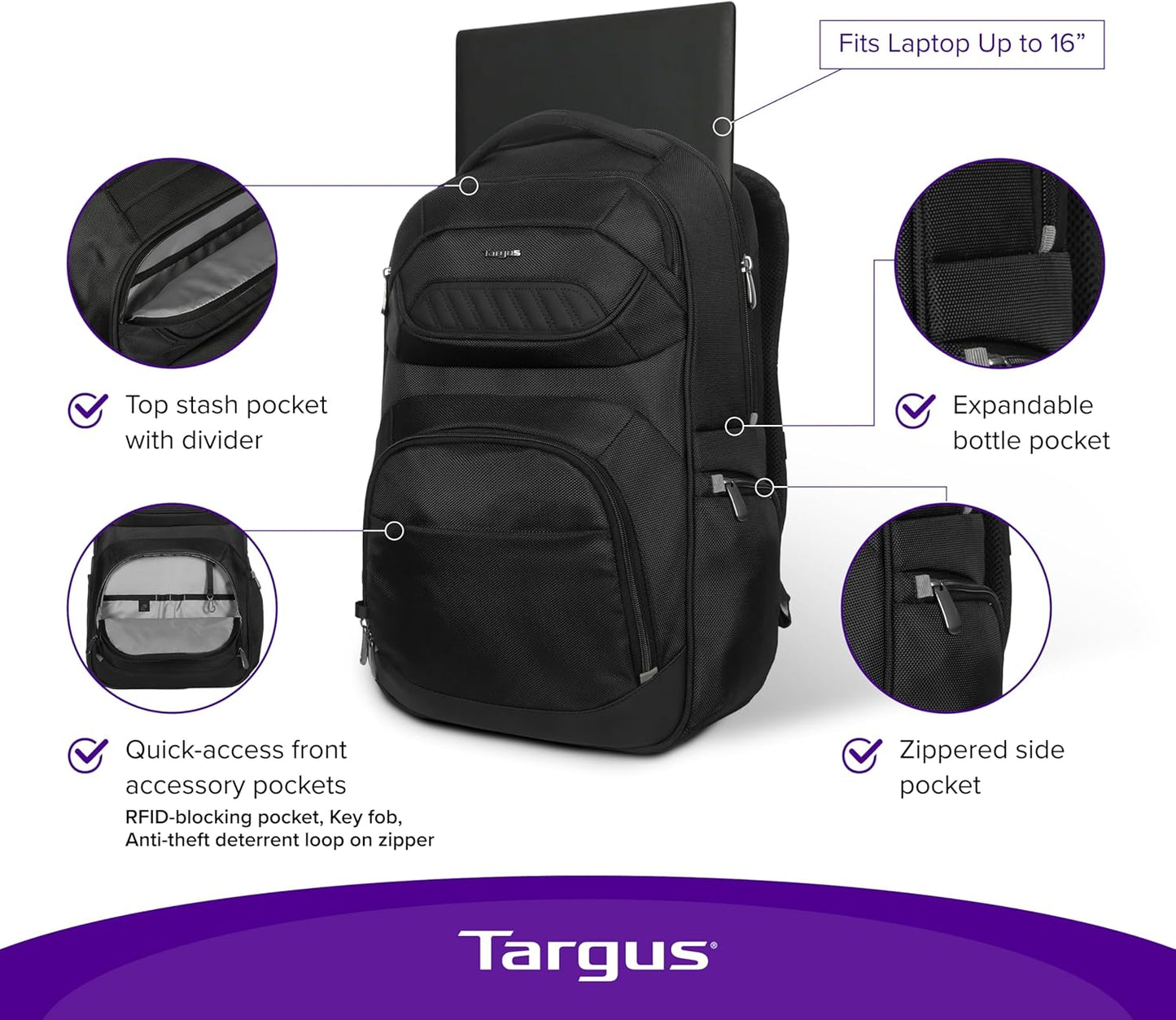 Targus Legend IQ Laptop Backpack Travel Backpack for Laptops up to 16-Inches Backpack for Men and Women, Black (TSB705US)