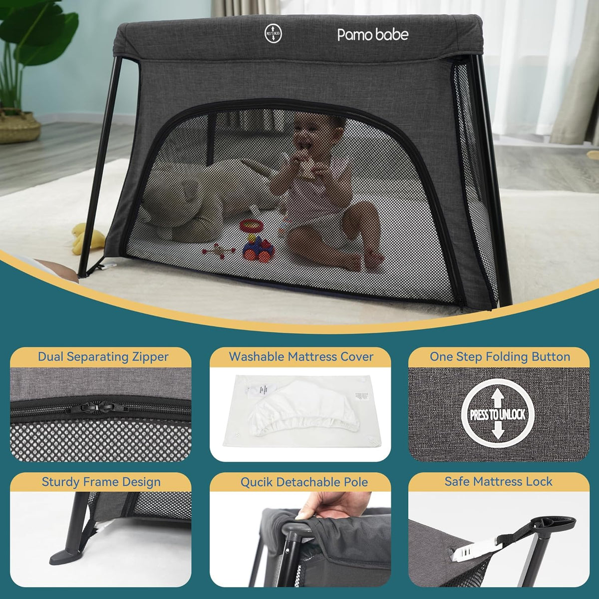 Pamo Babe Travel Crib Lightweight Baby Playard with Mattress Compact Play Yard with Detachable Legs