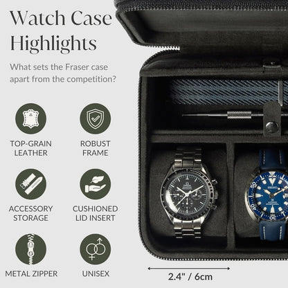 TAWBURY 3 Slot Watch Case Plus Storage – Luxury Leather Watch Travel Case for Men | Black Watch Cases for Men Travel | Traveling Watch Holder for Men | Black Watch Roll Case | 3 Watch Box for Men