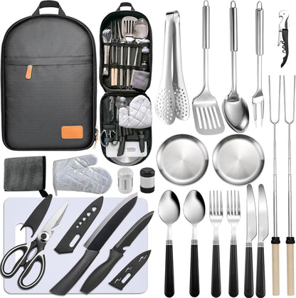Camping Cooking Utensils Set - Camping Utensil Set Car Camping Cooking Essentials Gear for Camp Kitchen Cooking and Grilling, Stainless Steel & Silicone Ideal Gift for RV Tent Camper