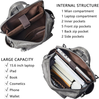 Shrrie Vegan Leather Laptop Backpack for Women 15.6 inch Work Backpack Fashion Travel Backpack Purse for Travel College Work