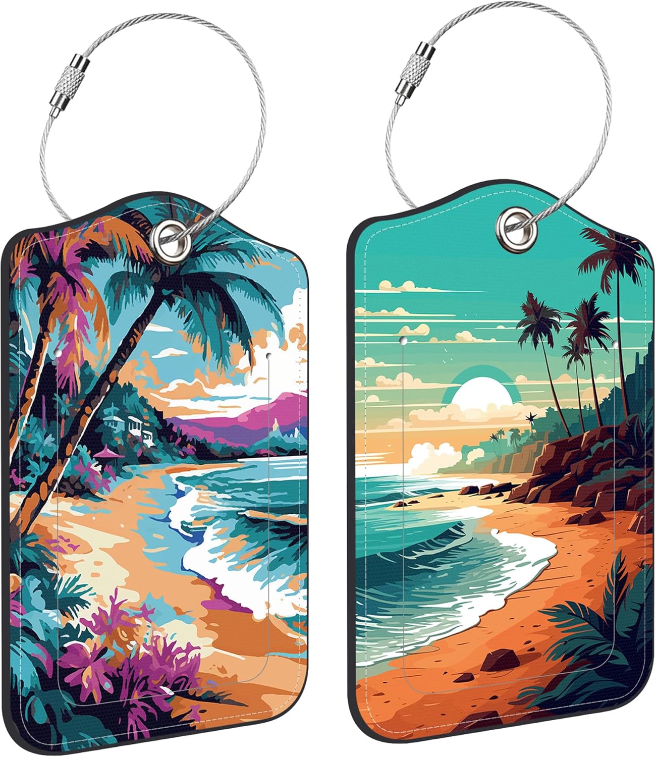 2 PCS Leather Luggage Tags for Suitcase Sea and Beach Coastal Landscape Travel Luggage Tag with Privacy Flap Name ID Label and Metal Loop for Travel Bag Suitcase