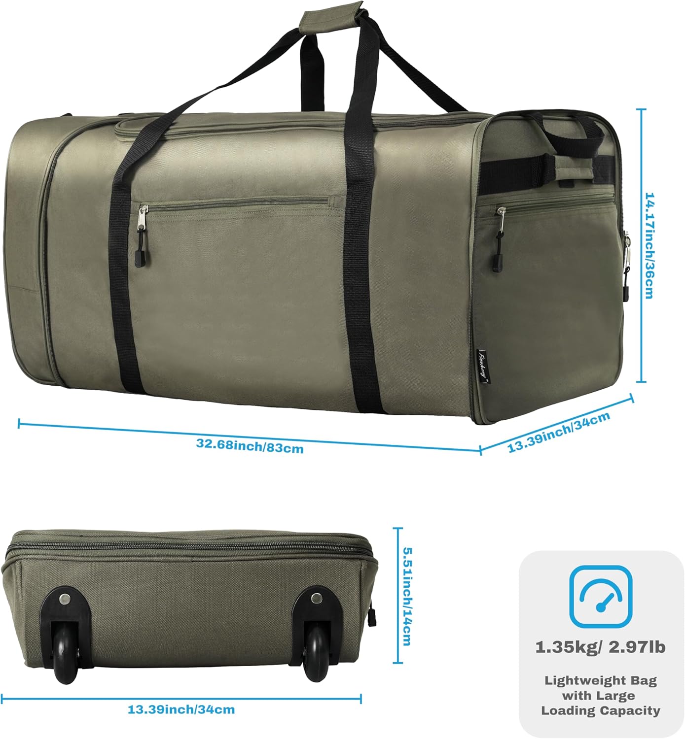 Finnhomy 100L Foldable Rolling Duffel Bag with 2 Wheels, Light Weight Travel Duffel bag with Large Loading Capacity, 32 inch Rolling Duffel bag with Shoulder Strap for Travel Camping Sports, Green