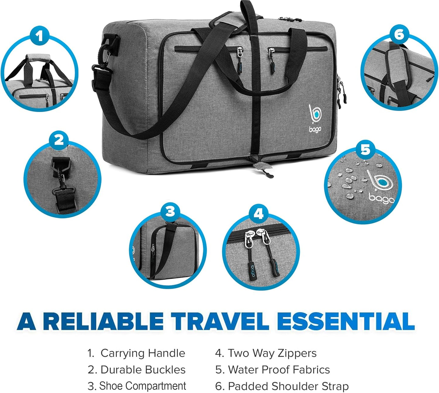 Bago Foldable Duffel Bags for Traveling Women & Men - 40L Sports Packable Duffle Bag for Travel with Shoe Compartment - Water Repellant, Heavy Duty, Lightweight Folding & Collapsible (SnowGray)