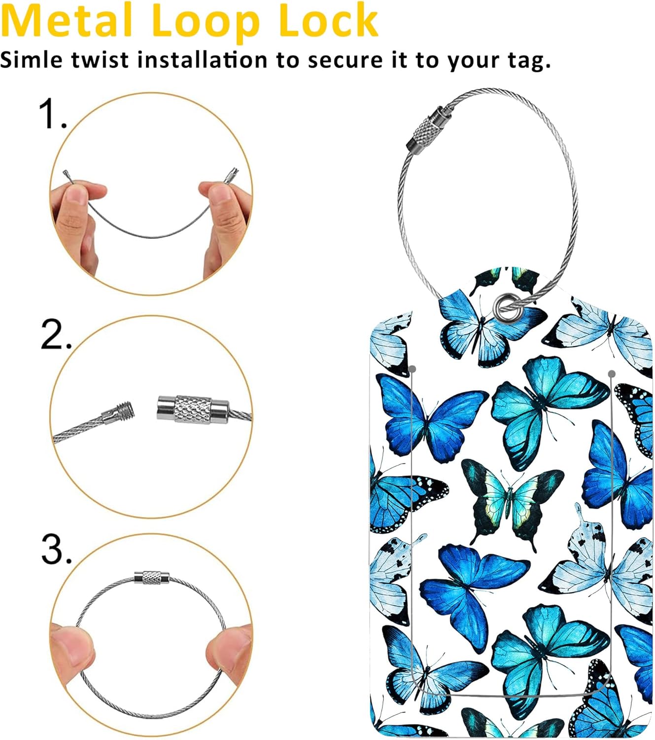 2 Pack Luggage Tag for Suitcase,Beautiful Blue Butterfly PU Leather Suitcase Tags Identifiers with Privacy Name Address Labels and Durable Steel Loop for Women Men Travel