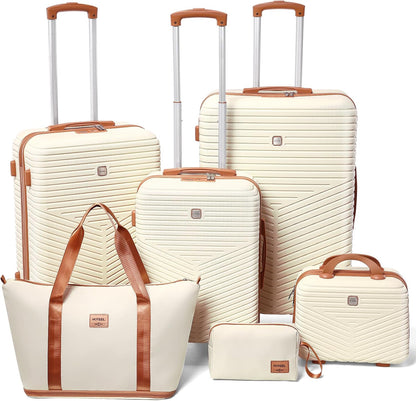 Hoteel 6 Piece Luggage Set (4-YEAR WARRANTY) Carry on ABS+PC Hard Shell Suitcase with Spinner Wheels & TSA Lock (Beige)