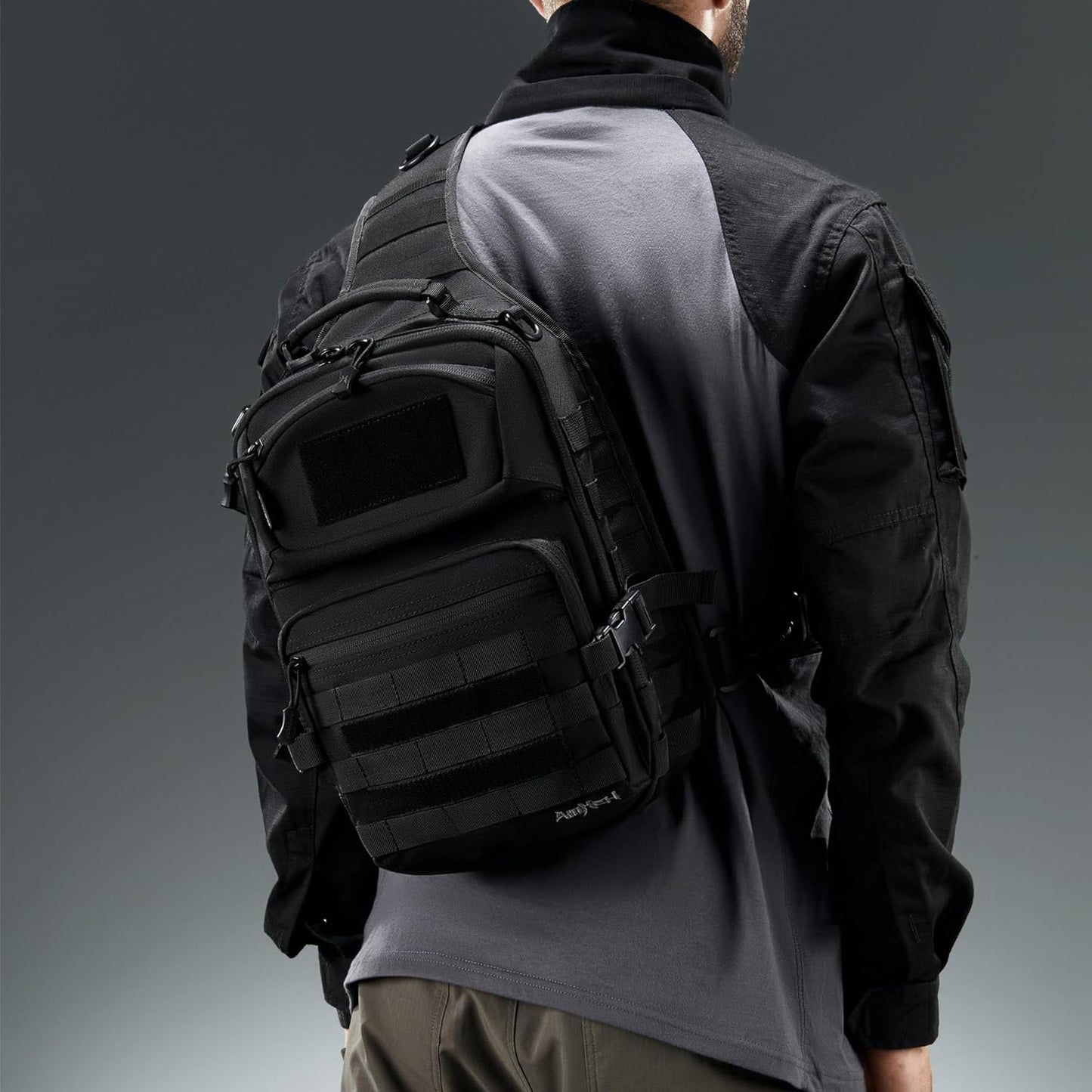 15L Tactical Crossbody Sling Bag | Everyday One Shoulder Backpack Fit 12 Inch Laptop, Molle, Daily Use, Travel, Hiking (Black)