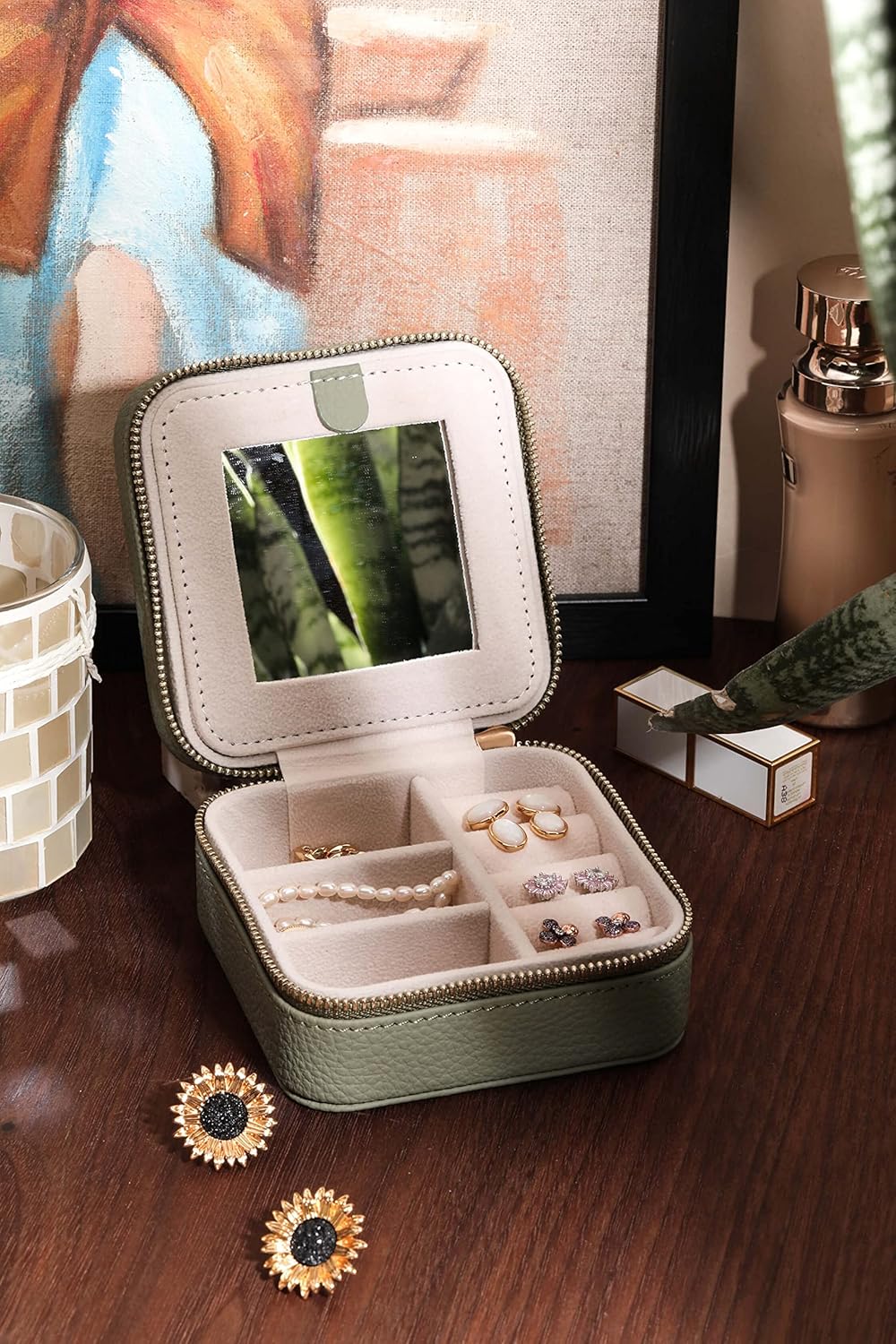 S.Leaf Travel Jewelry Organizer Travel Jewelry Boxes for Women Small Jewelry Travel Case Box Portable Travel Jewelry Case Travel Case Mini Jewelry (04_Lychee_Sage_Green)
