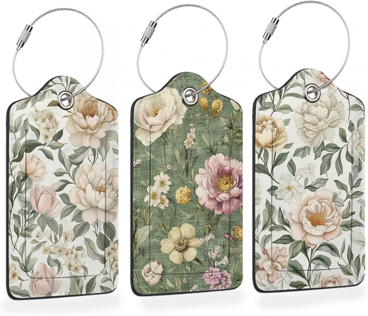 Vintage Peony Floral PU Leather Luggage Tags for Suitcase, Travel Cruise 3 Pack with Privacy Flap, Name ID Label and Metal Loop for Women Men Girls Baggage Bag Backpack