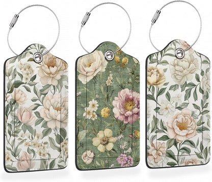 Vintage Peony Floral PU Leather Luggage Tags for Suitcase, Travel Cruise 3 Pack with Privacy Flap, Name ID Label and Metal Loop for Women Men Girls Baggage Bag Backpack