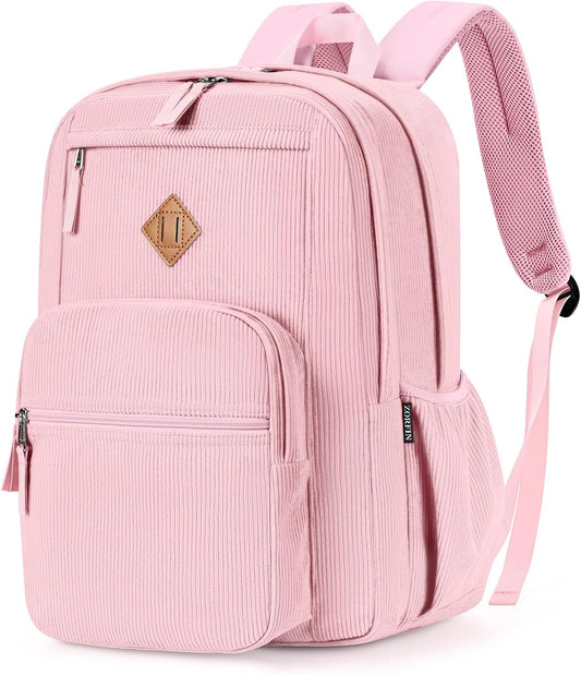 ZORFIN 26L Backpack for College, and Travel: Corduroy Bookbag - Light Pink