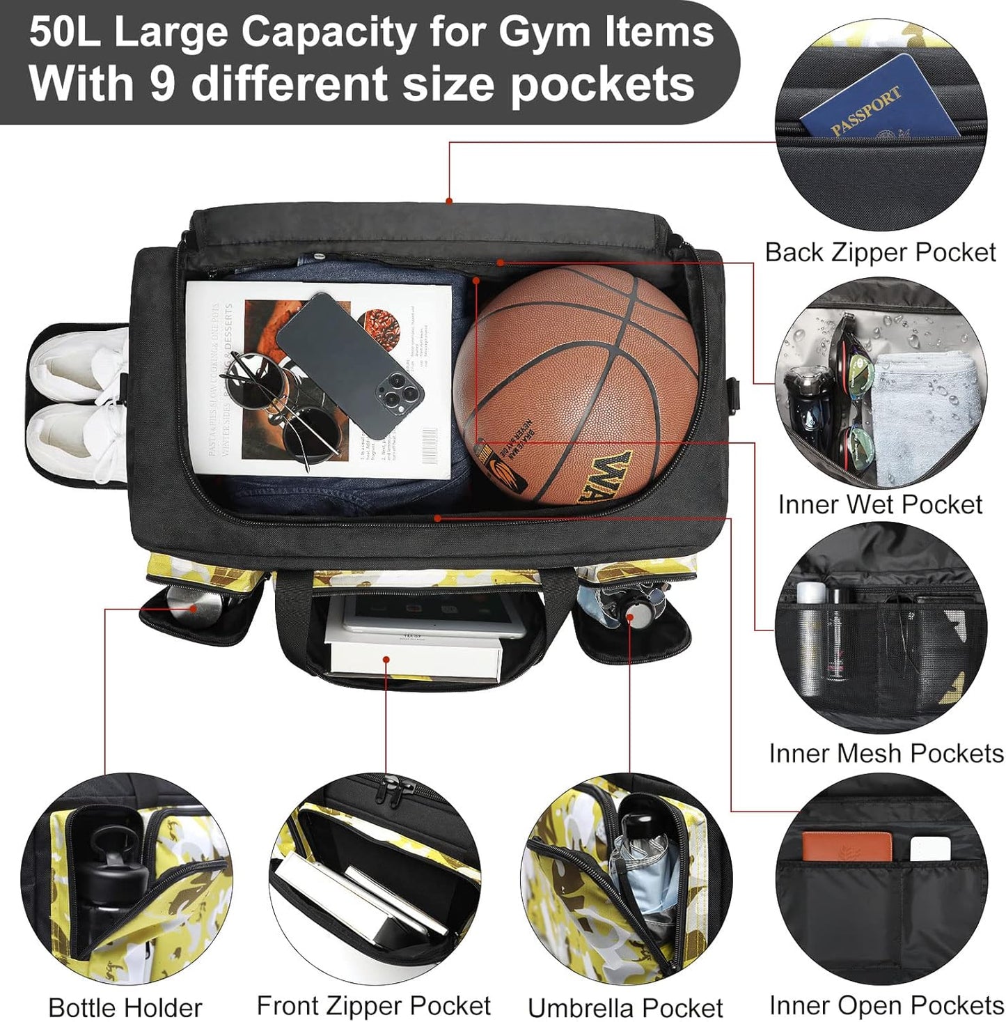 4-Way Gym Bags for Men Gym Duffle Bag Sports Duffle Bag Backpack with Shoe Compartment & Wet Pocket