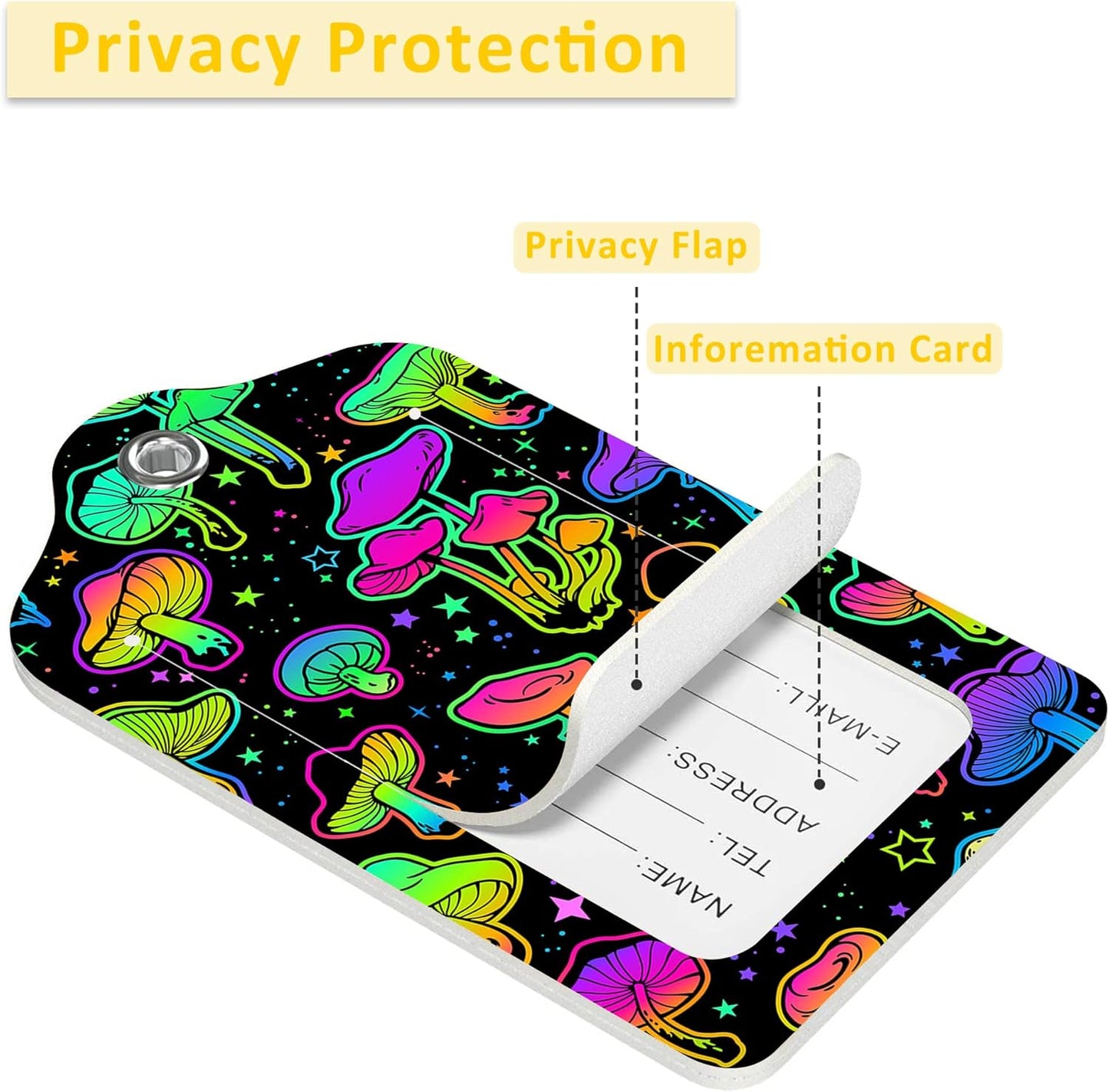 2 Pack Colorful Mushrooms Luggage Tags for Suitcases,Bright Mushrooms Leather Baggage Suitcases Tag Name ID Label Privacy Cover Travel Bag Tags for Women Men Boys Girls