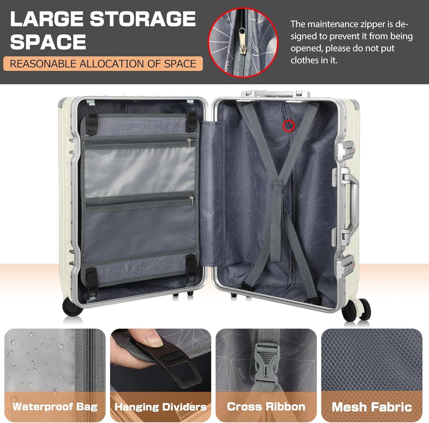 AnyZip Luggage PC+ABS Aluminum Frame Zipperless Checked Luggage Hard Shell Suitcase with TSA Lock Double Spinner Wheels 28 Inch White