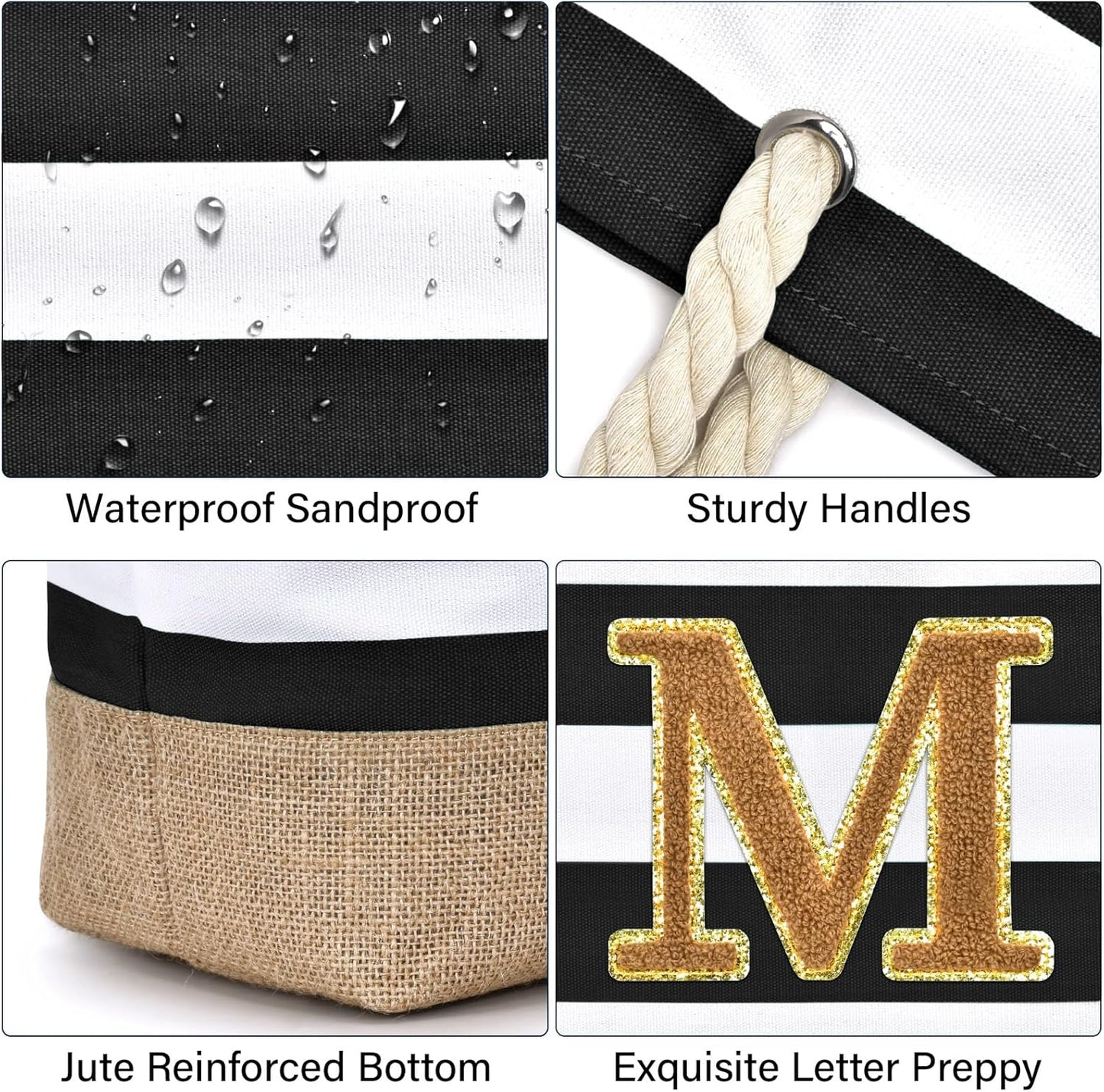 Becokan Beach Bag Initial Beach Tote with Makeup Bag for Travel Work Storage Personalized Birthday Gifts for Women Her