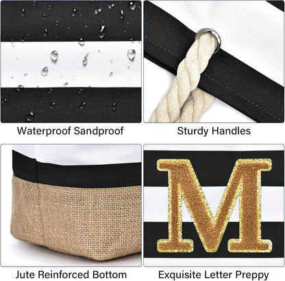 Becokan Beach Bag Initial Beach Tote with Makeup Bag for Travel Work Storage Personalized Birthday Gifts for Women Her