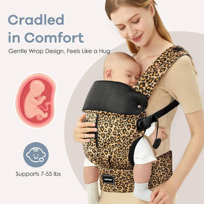 Baby Carrier with Lumbar Support, Cozy Baby Carrier Newborn to Toddler with Adjustable Seat Size, Ergonomic Infant Carrier with 3-Way Carry, Front Facing Toddler Hodler Carrier for Mom & Dad, Leopard