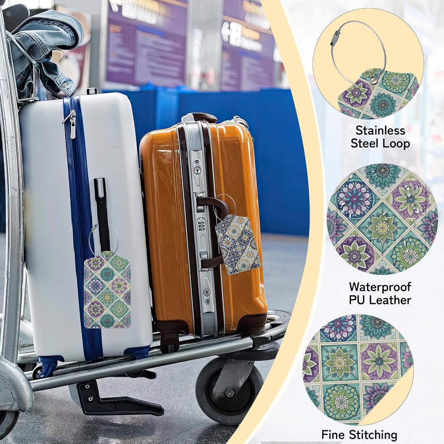 Vintage Mandala Floral Luggage Tag for Suitcase,Design with Privacy Flap Name ID Label Metal Loop, 3 Pack