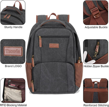 Tzowla Canvas Laptop College Backpack for Men and Women,Travel Work Vintage Rucksack with USB/Type-C Charging Port,Lightweight Hiking Casual Daypack Backpacks fit 15.6 inch Notebook,Black
