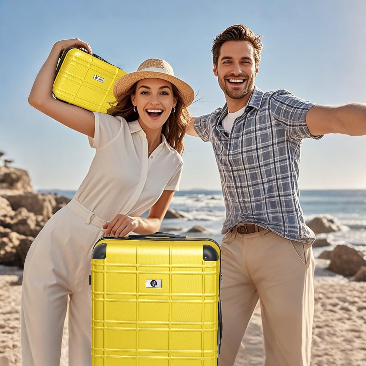 Luggage Sets 4 Piece, ABS PC Lightweight Suitcases with Wheels, Hardshell Luggage Sets Suitcase set with TSA Lock Yellow (12in 20in 24in 28in)