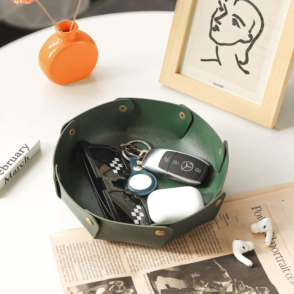 Leather Valet Trays,Premium Catchall Trays,Jewelry Trays, Folding Travel Organizer,Decorative Desk Organizer for RPG Game Players, Office/Home Organization Baskets(2PCS) (Green)