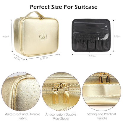 MOMIRA Makeup Bag with Mirror and Light Travel Makeup Train Case Cosmetic Bag Organizer Portable Artist Storage Bag with Adjustable Dividers Makeup Brushes Storage Organizer Golden