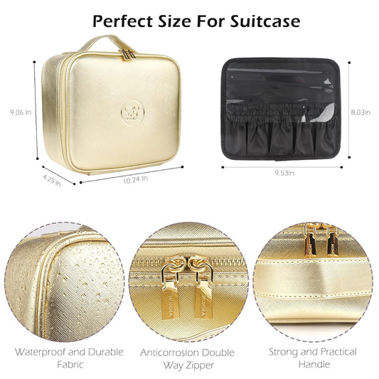 MOMIRA Makeup Bag with Mirror and Light Travel Makeup Train Case Cosmetic Bag Organizer Portable Artist Storage Bag with Adjustable Dividers Makeup Brushes Storage Organizer Golden