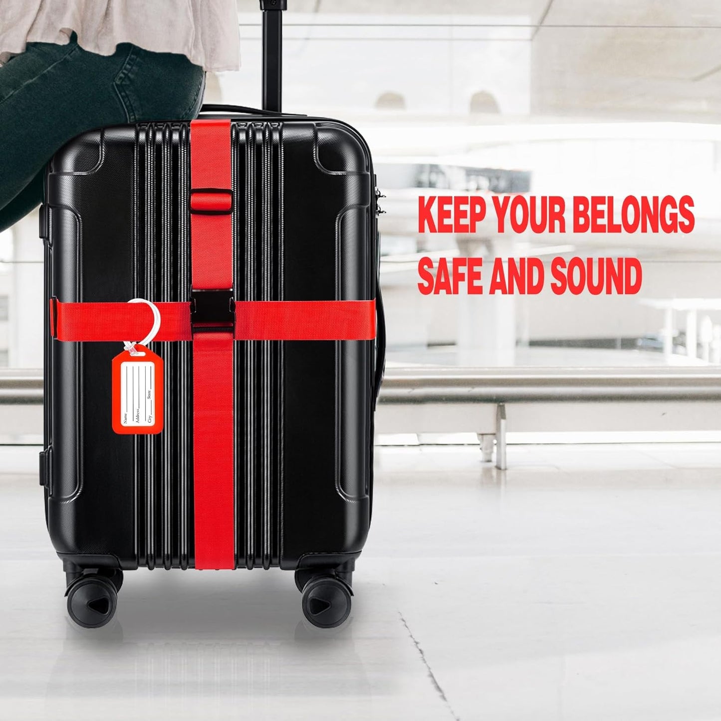 8 Pack Luggage Straps and Tags Set (4 Straps, 4 Tags), Luggage Straps for Suitcases TSA Approved Suitcase Belt Luggage Tags, Red