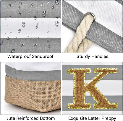 Becokan Beach Bag Initial Beach Tote with Makeup Bag for Travel Work Storage Personalized Birthday Gifts for Women Her