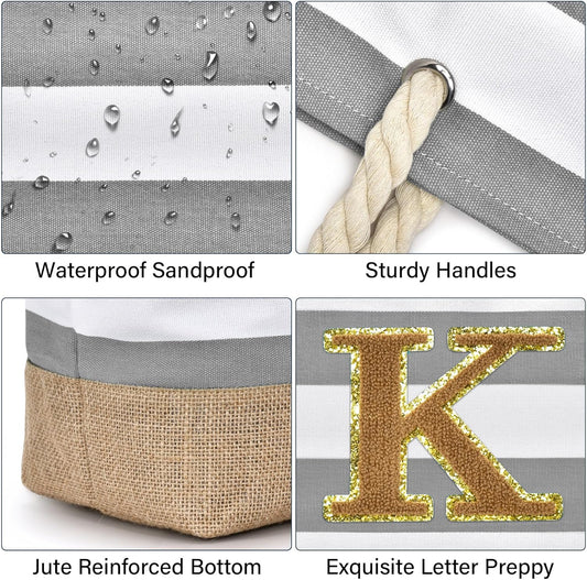 Becokan Beach Bag Initial Beach Tote with Makeup Bag for Travel Work Storage Personalized Birthday Gifts for Women Her