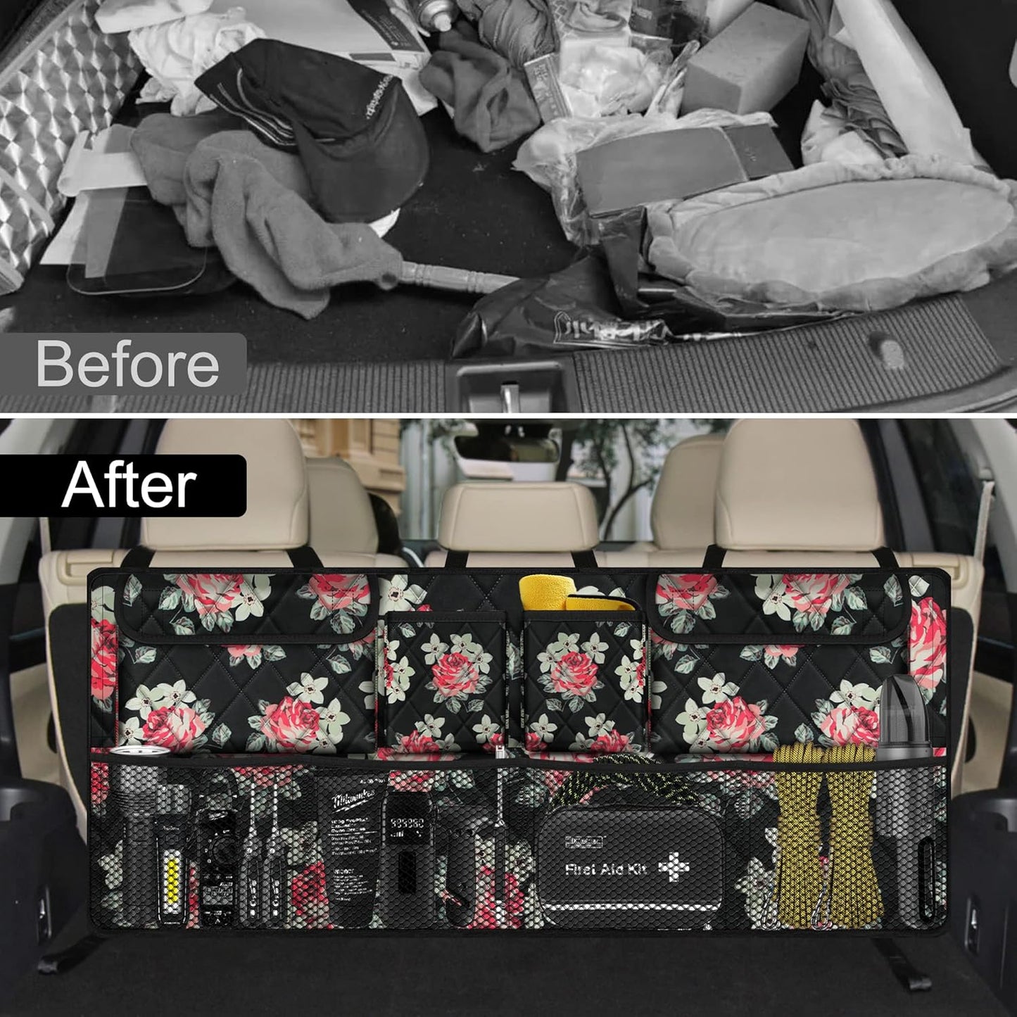 Car Trunk Organizer,Large Capacity Backseat Trunk Organizer(42"*18"),Collapsible Car Storage Bag with 8 Pocekt,Car Organizer for SUV/MPV/Truck - Floral