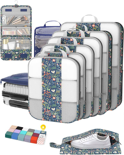 10 Set Compression Packing Cubes for Travel Essentials,Compressible Expandable Packing Cubes for Suitcase,OlarHike Luggage Organizer Bags,Handy Helper for Organizing Clothes(Dark Blue Floral)