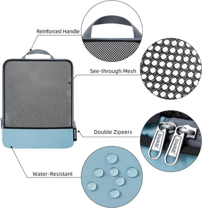 BAGAIL 4 Set/6 Set/8 Set Compression Packing Cubes Travel Accessories Expandable Packing Organizers (Half Mesh, 6-Dusty Blue)