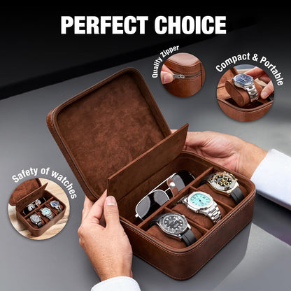 Awesometik Luxury Travel PU Leather Watch Case. Watch Storage Organizer. Watch Display & Watch Holder. Perfect For Watch Collection. Ready to Gift for Men (Brown/Brown, Engraved 3 Slot Watch Case)