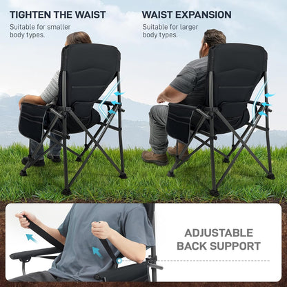 EVER ADVANCED Oversized Folding Camping Chair for Adults with Adjustable Lumbar Support, Heavy Duty Chair with Side Pockets, Portable Collapsible Quad Chair for Outside