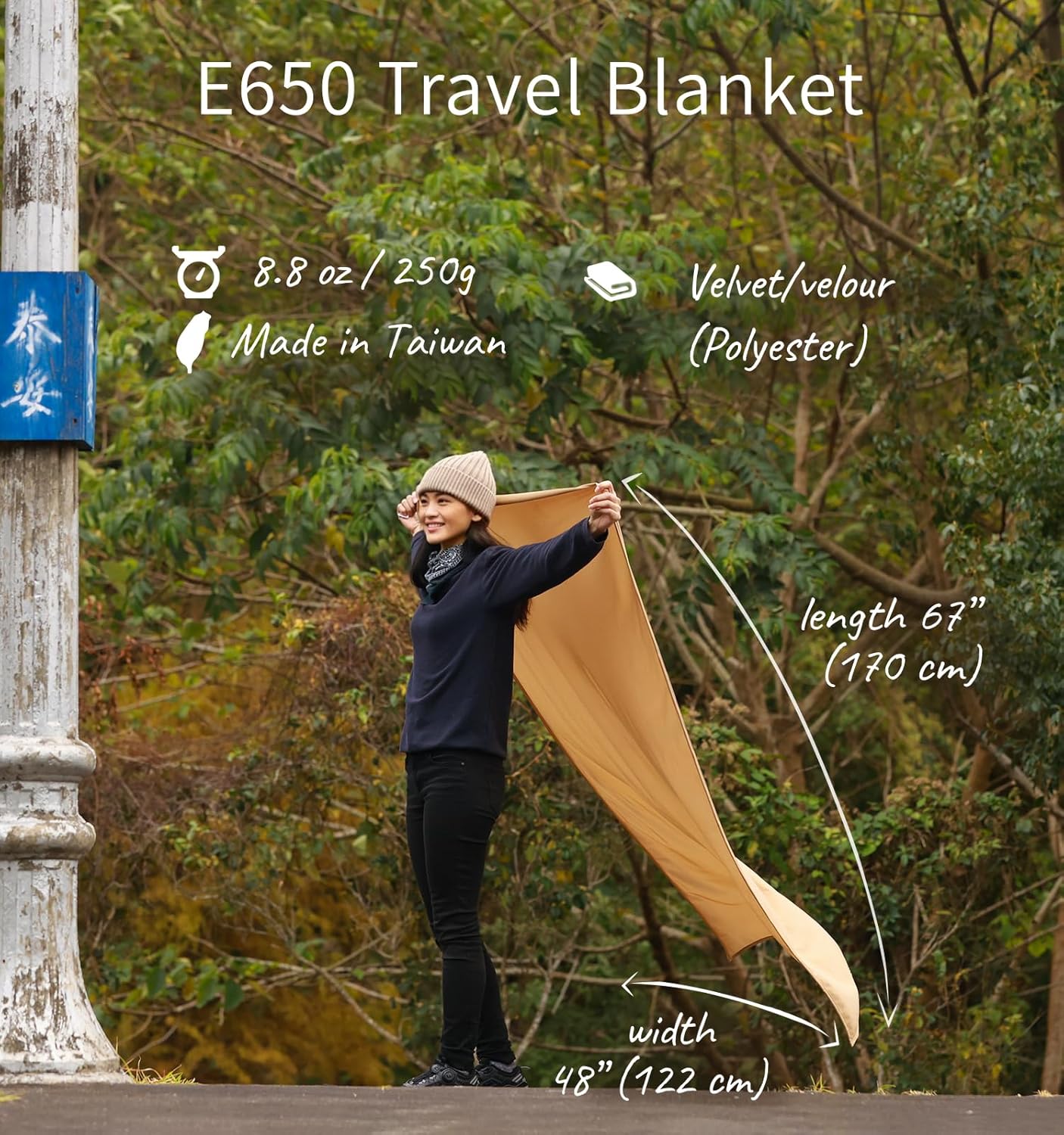 Travel Blanket Lightweight and Breathable, 67 x 48 in Soft Airplane Flight Blanket for Travelers, Foldable Camping Sheet with Stuff Sack for Train, Camp, backapcking, office, home(Creamy Brown)