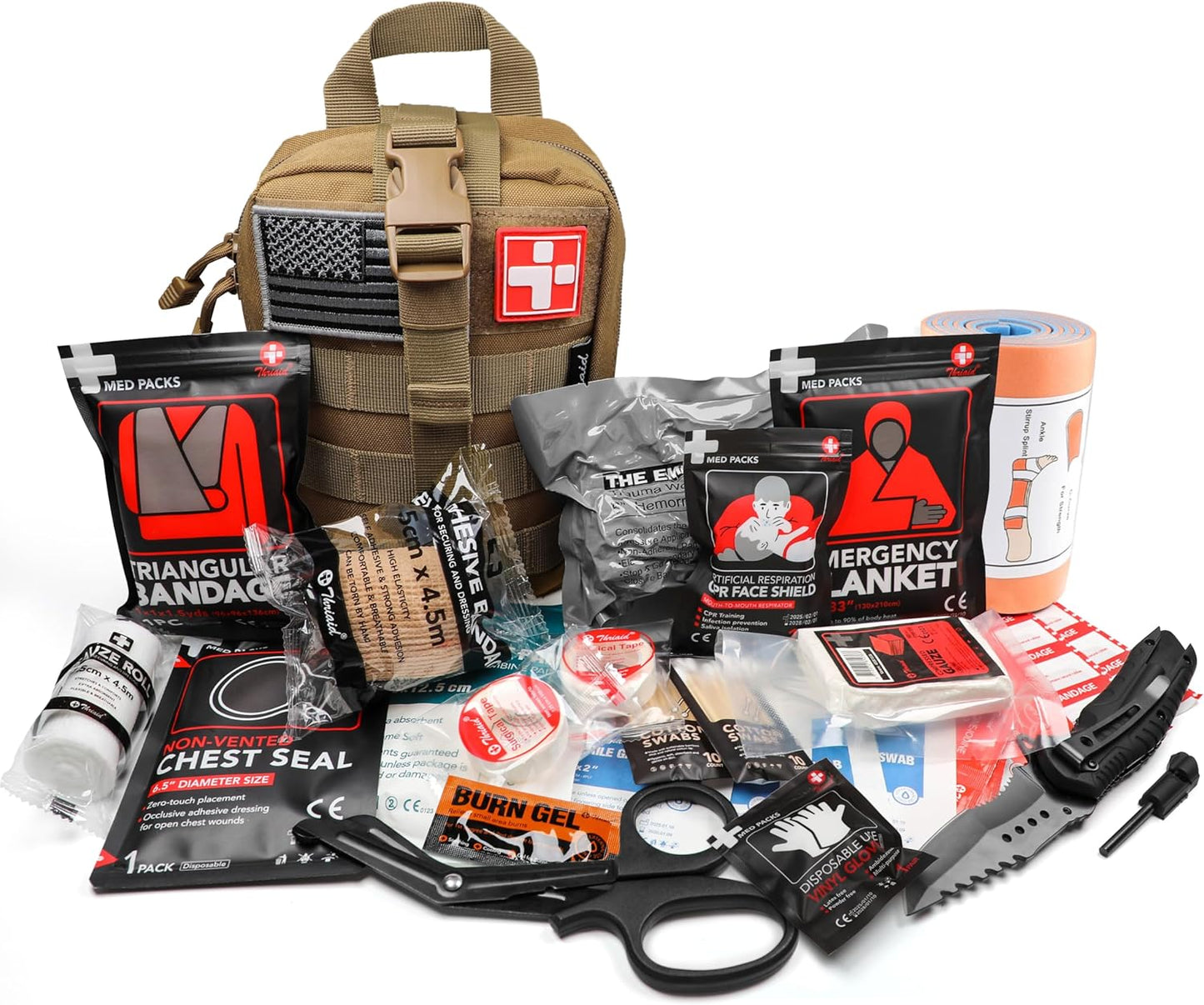 Survival First Aid Kit with Israeli Bandage, Splint, Chest Seal, Tactical Military Combat Molle IFAK for Wound Care, Bleeding Control, Trauma Hemorrhage and More