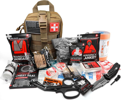Survival First Aid Kit with Israeli Bandage, Splint, Chest Seal, Tactical Military Combat Molle IFAK for Wound Care, Bleeding Control, Trauma Hemorrhage and More