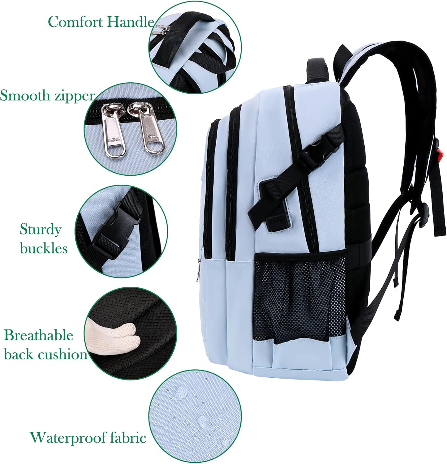 FENGDONG 17.3 inch Large Laptop Backpack Durable Waterproof Travel College Backpack Bookbag for Men & Women Business Backpack with USB Charging Port,Headset Port Light Blue