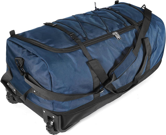 110L/140L Expandable Soft-Sided Foldable Duffle Bag with 2 Rubber Wheels,Packable 32” Rolling Carry-On with Multi-Pockets & Compartments,Navy Blue