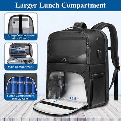 MATEIN Work Backpack with Lunch Compartment, Waterproof PU-coated Meal Prep Backpack for Men with Cutlery Pocket, Large 17 Inch Laptop Back Pack with USB Port, Insulated Cooler Bag for Office Picnic