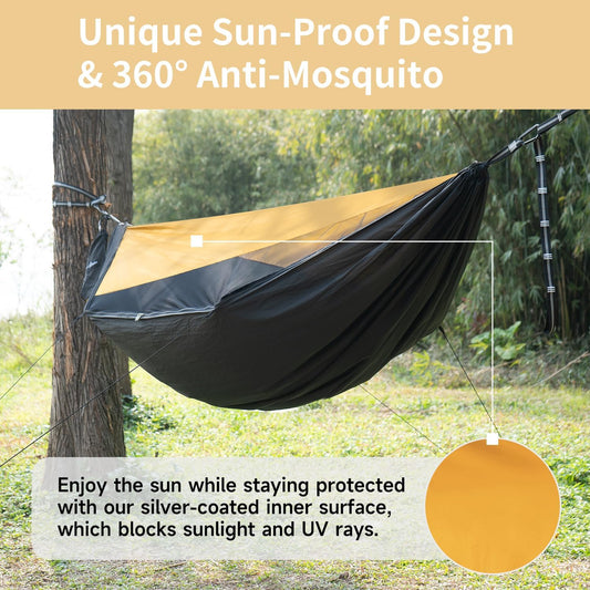 Camping Hammock with Mosquito Net and Sunshade, Backpacking Hammock with Ridge Rope Tree Straps, Lightweight Portable Hammocks for Outside, Hiking, and Travel